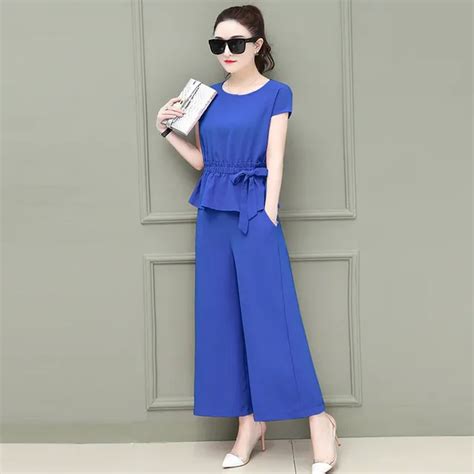 two piece set women ruffle blouse and wide leg pant suit 2019 new