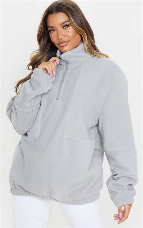 grey fleece front oversized long sleeve sweater prettylittlething