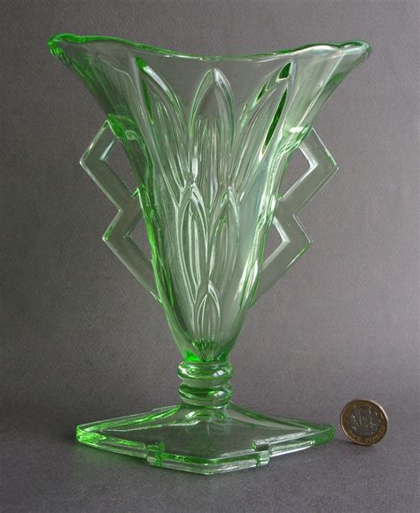 Art Deco Stolzle Green Uranium Pressed Glass Vase On Ebid United