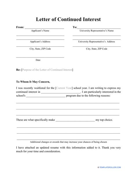 letter  continued interest template  printable