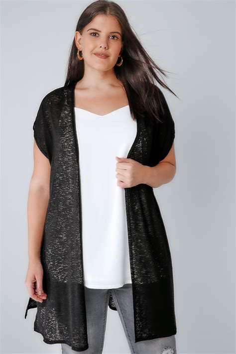 Black Textured Cardigan With Grown On Short Sleeves Plus