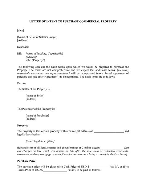 commercial real estate letter  intent  purchase template collection