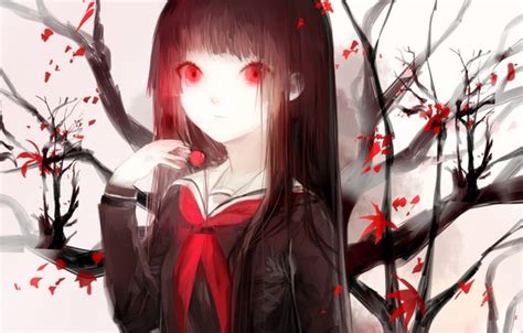 wallpaper leaves girl branch anime art form schoolgirl sayuki hell girl enma ai hell