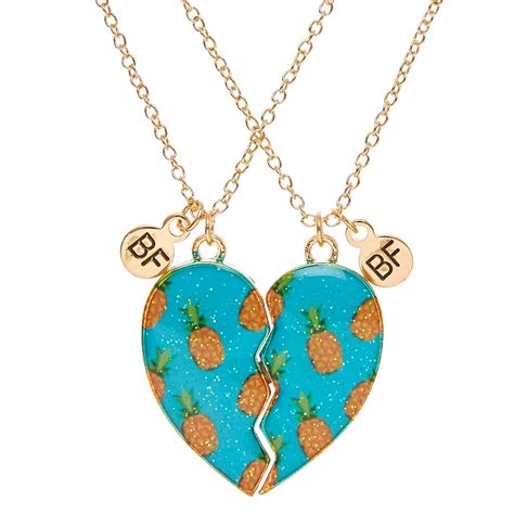 Best Friends Pineapple Print Split Heart Pendant Gold Tone Necklaces
