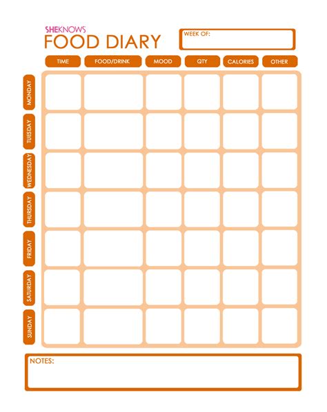 printable food diary template sheknows