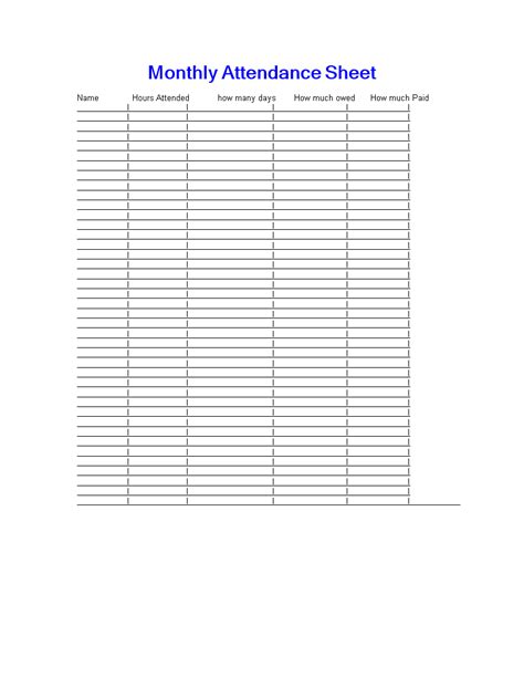 monthly attendance sheet template  template