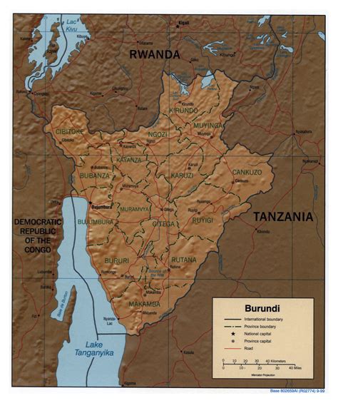 large detailed political  administrative map  burundi  relief roads  major cities