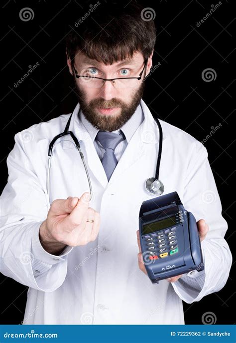 Close Up Portret Of A Doctor Holding Pos Terminal Stethoscope Around