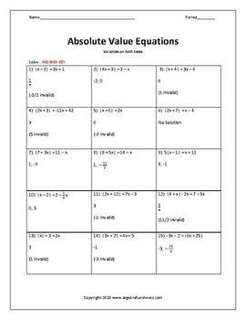solving absolute  equations  variables   sides worksheet