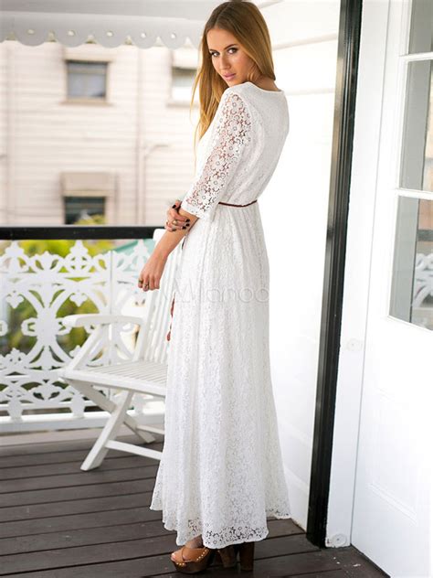 robe longue blanche femmes maxi dress col rond 3 4 longueur robe