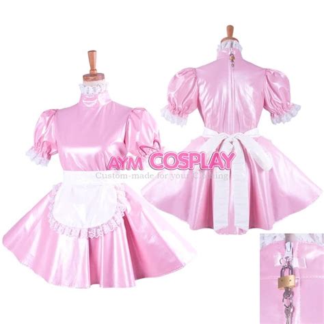 lockable faux leather pink sissy maid dress tailor made [g1424] in