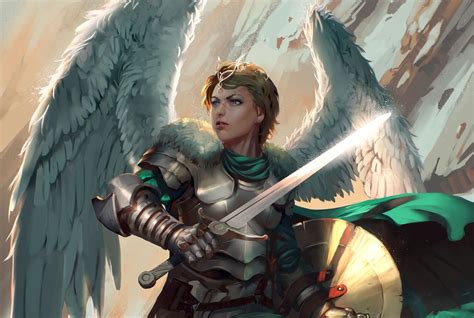 fantasy angel warrior woman girl sword armor angel blue eyes short hair blonde wallpaper angel