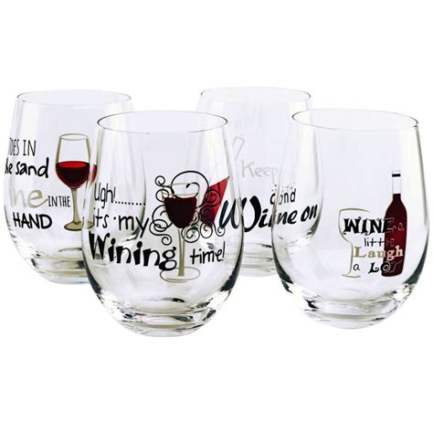 Wine Sayings Decaled Stemless Wine Glass Set 4 At Home