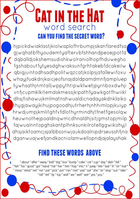 cat   hat word search  printable dr seuss birthday