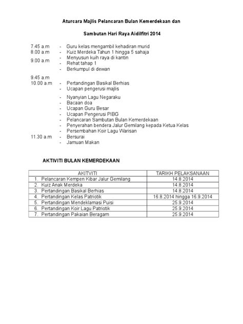 aturcara sambutan hari kemerdekaan peringkat sekolah