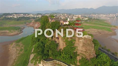 yangtze river shibaozhai temple drone aerial flying  china stock