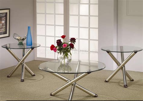 Nickle Plated Legs And Round Glass Top Modern 3pc Coffee