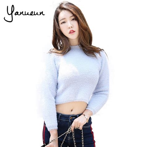 Yanueun Korean Fashion Women Cropped Jumpers Fluffy Mohair