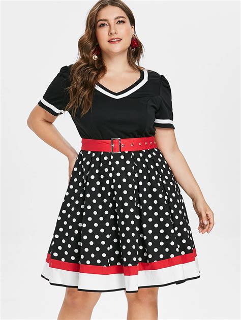kenancy vintage dress women polka dot color block cotton belt summer dress retro  rockabilly
