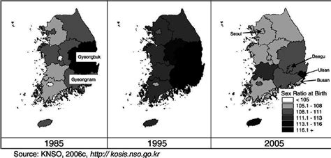 sex ratio at birth by region south korea 1985 2005 source knso