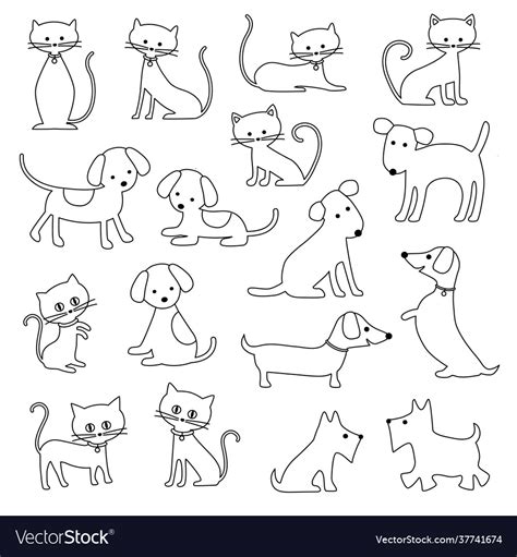 cats  dogs black outline digital stamps vector image