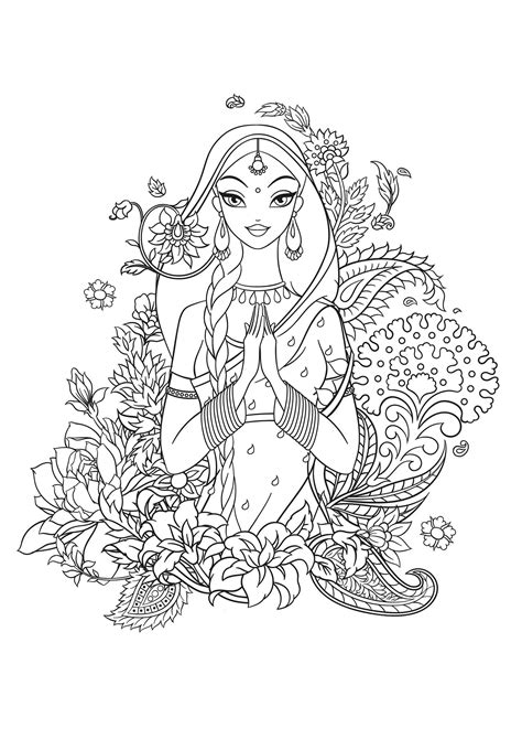 indian girl  sari india adult coloring pages