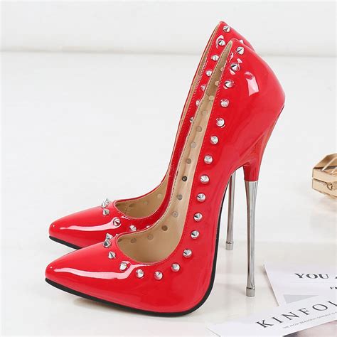 women high heels 16cm rivet patent leather lady pumps shoes stiletto