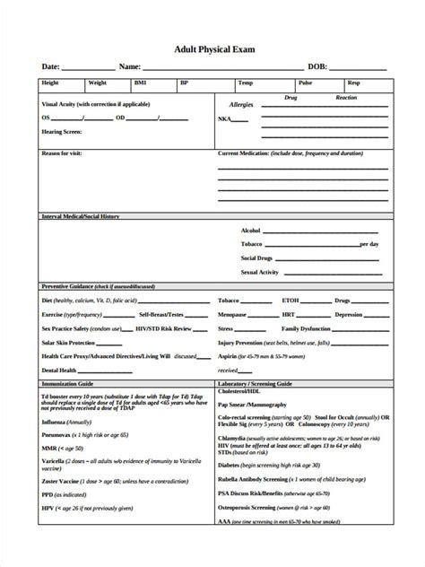 physical examination form formidable template  printable exam