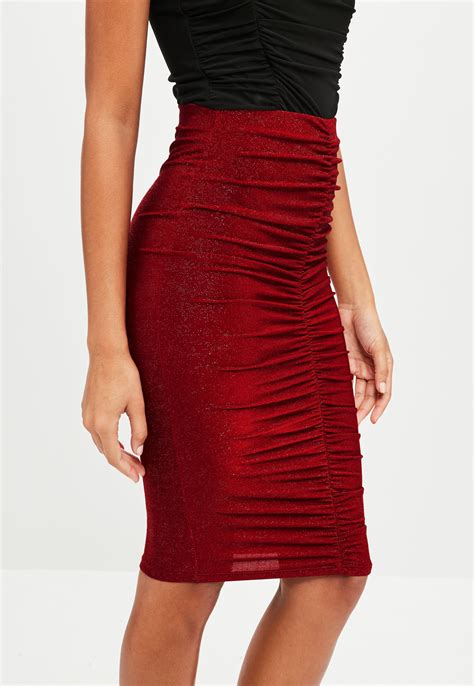 lyst missguided red metallic ruched midi skirt  red
