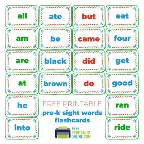 printable kindergarten sight words flash cards  printables