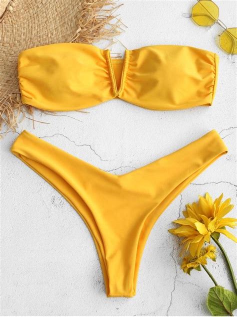 Zaful V Cut Strapless Bikini Set Bright Yellow S Summer Swim Suits