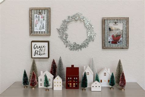 christmas display   mantle  small houses  trees  front