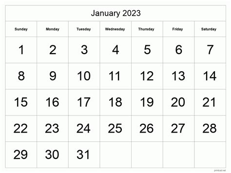january  calendar  printable calendar united states january