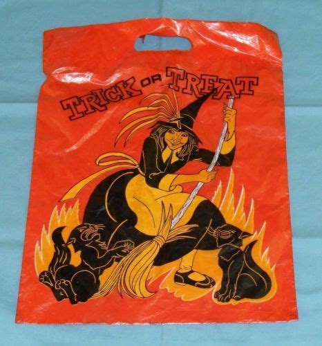 Vintage Halloween Trick Or Treat Bag Plastic Plaid Stamps