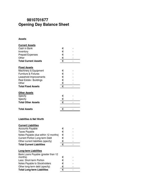 Opening Day Balance Sheet | PDF