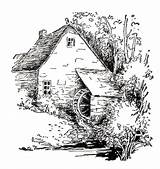 Coloring Pages Drawings Digital Cottage Tuesday Two Colouring Drawing Pen Country Cottages Mill Sketches Adult Ink Book Line Water Wood sketch template