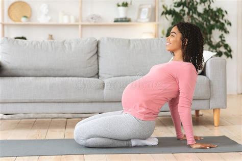 Active Pregnant Black Woman Exercising At Home Doing Yoga Stock Image
