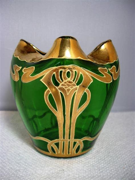 Art Nouveau Bohemian Czech Moser Glass Gilded Gold Green Jugendstil