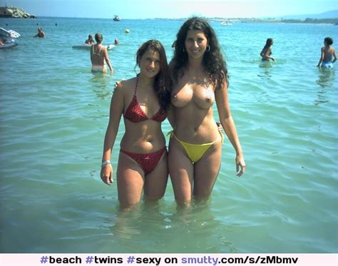 Amateur Twins Sexy Bikini Topless Beach