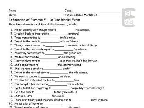 infinitives  purpose fill   blanks exam teaching resources