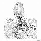 Sirene Poisson Fantastique Couronne Sirena Tete Vagues Mandalas Adulte Sirenas Meerjungfrau Goldfish Depositphotos Zentangle Erwachsene Mermaids Ilustración sketch template