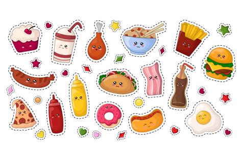 cute vector kawaii food stickers  illustrations design