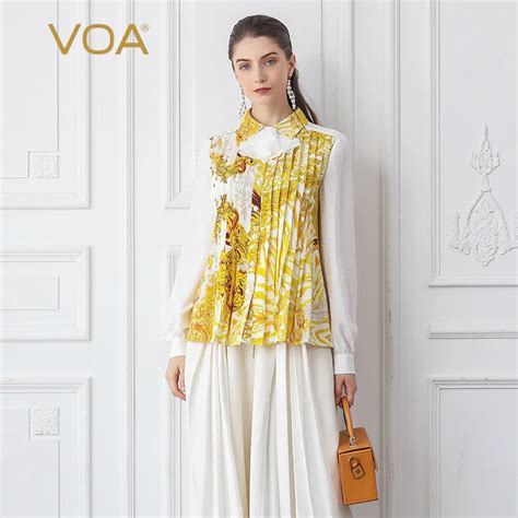 buy voa heavy silk blouse women yellow printed ladies tops fall long sleeve