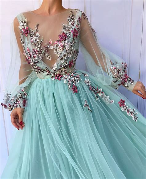 blue tulle floral embroidered puff sleeve prom dress tulle evening dressparty dress
