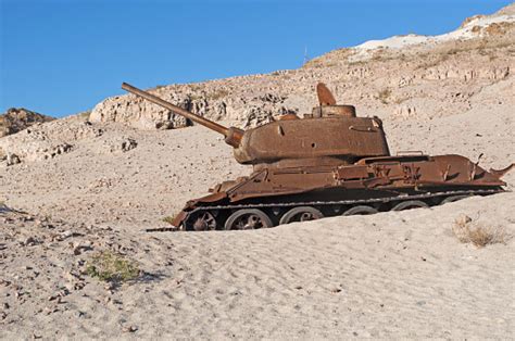 Socotra An Abandoned Russian Tank In The Desert Landscape Towards