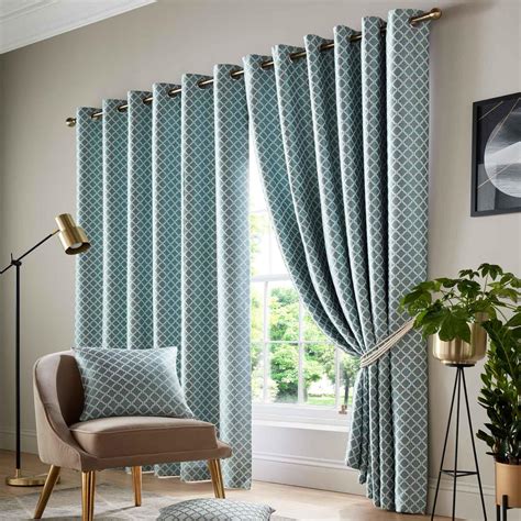 teal eyelet curtains lined geometric jacquard ready  ring top