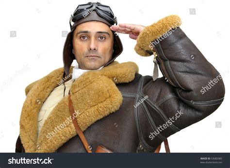 wwii fighter pilot saluting isolated  white stock photo