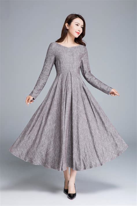 linen dress pleated dress women dresses long dress  xiaolizi
