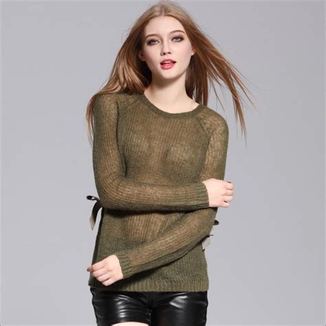Women See Through Sweater Pullovers Wool Blends Eyelet Bow Knitted Tops