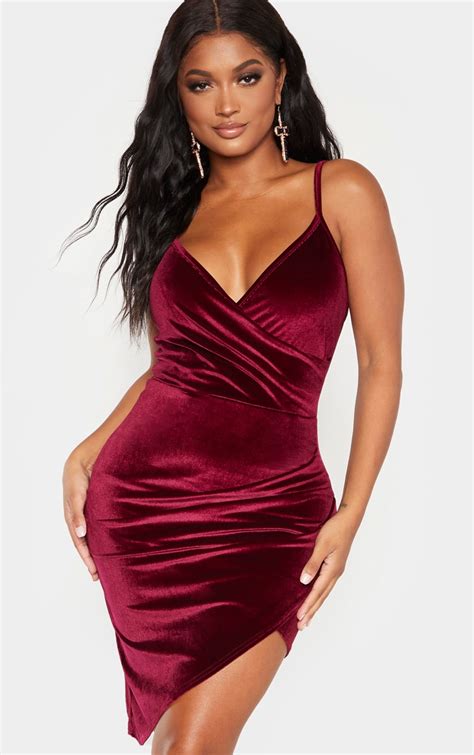 shape burgundy velvet wrap bodycon dress prettylittlething il